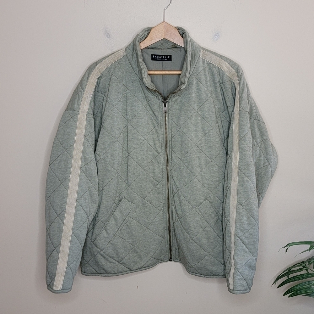 Bagatelle Collection | French Terry Diamond Quilted Bomber Jacket in Sage Green